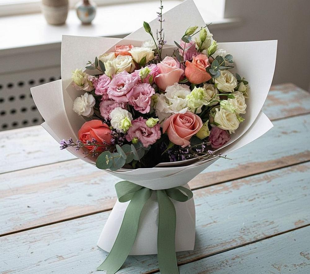 Букет цветов из: Розы, Лизиантусы и Гвоздики в Гнилом