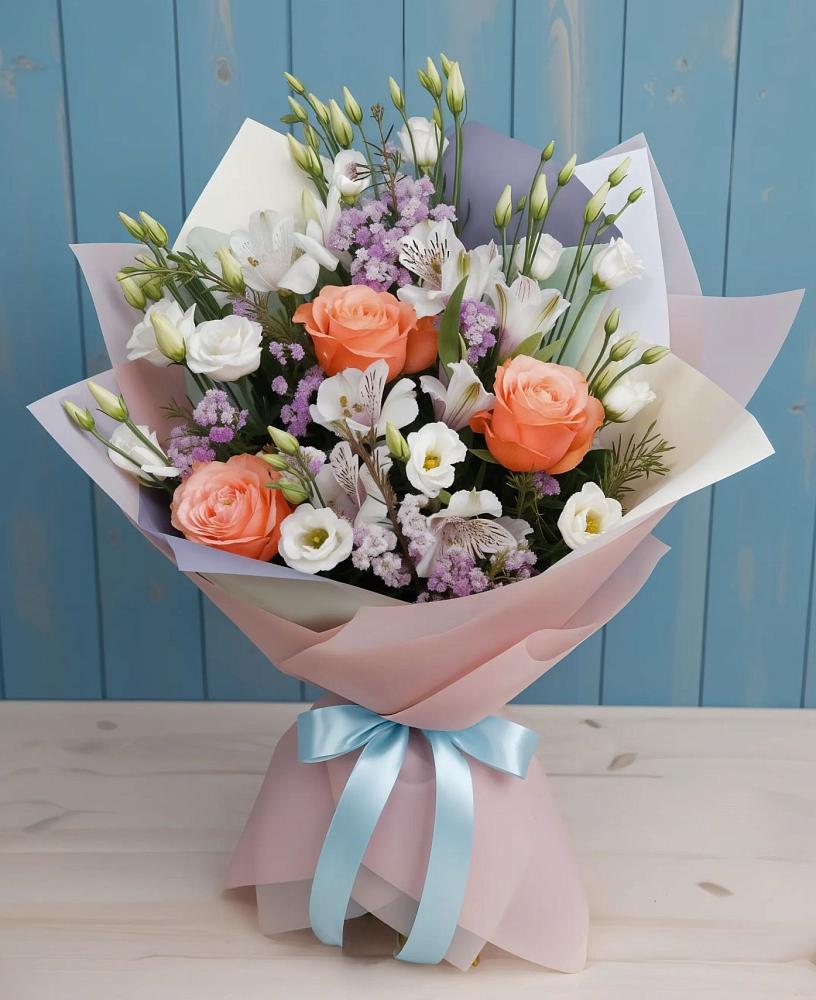 Букет цветов из: Лизиантусы, Розы, Альстромерии и Гипсофила в Гнилом