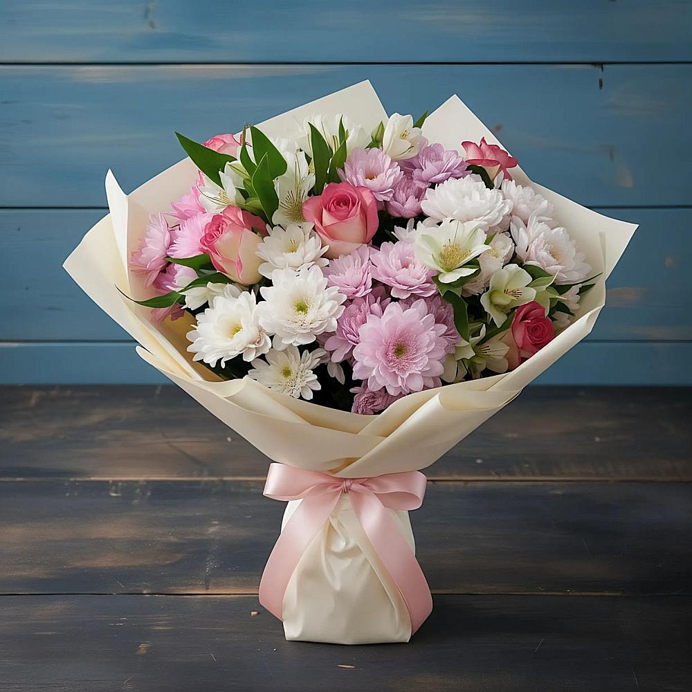 Букет цветов из: Хризантемы, Альстромерии и Розы в Гнилом